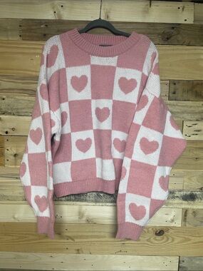 Sweet Lovely by Jen size Large Pink and White Checkered Heart Super Soft Sweater